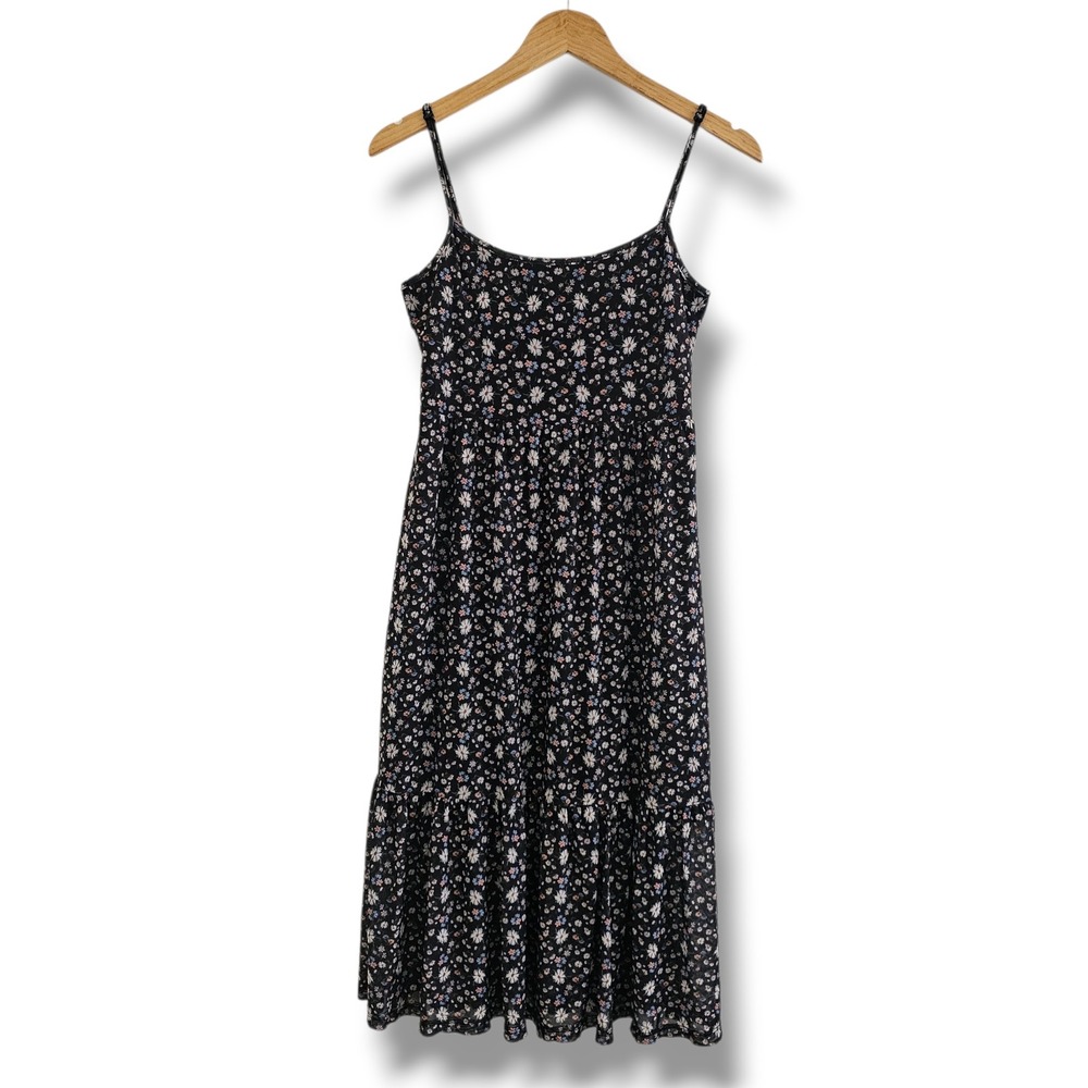 Y2K Midi Dress M Navy Blue Ditsy Dark Floral Mesh Tiered Boho Cottage Prairie